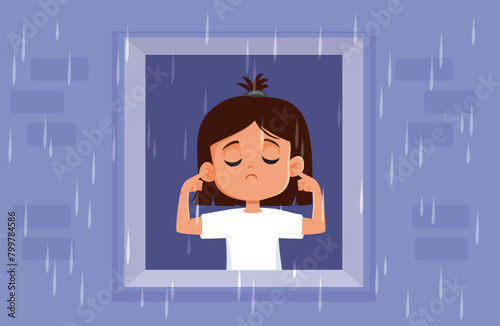 Scared Child Covering her Ears When Thunder Strikes Vector Illustration. Unhappy little girl feeling terrified by loud noisy storm 
