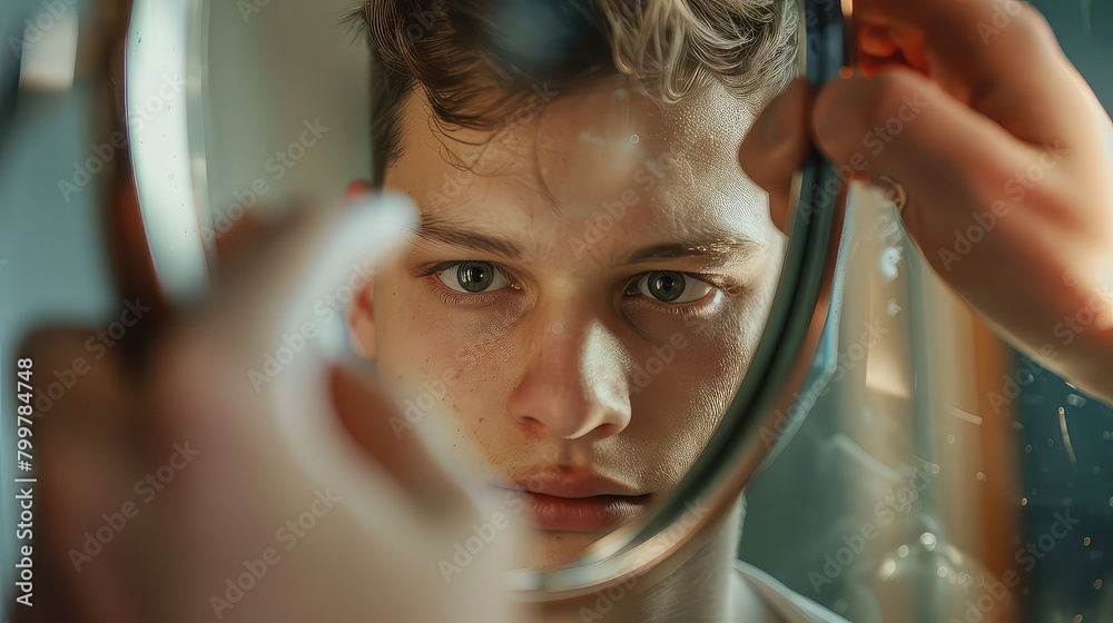 Fototapeta premium Close-up of the young man's reflection in the mirror, observing the haircut progress.