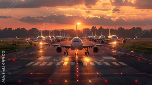 rows of jet planes queued up on the runway for takeoff at the airport photo