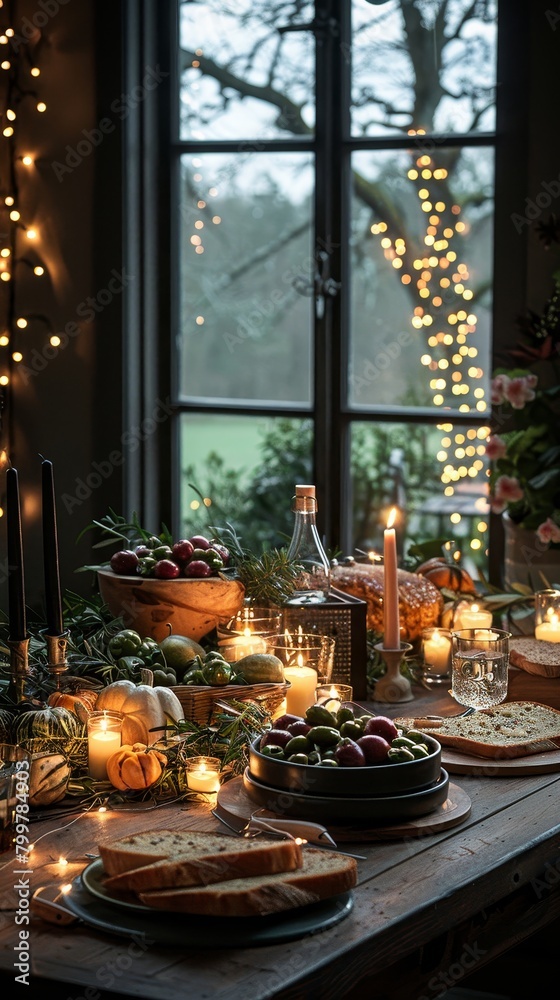 A festive dinner table for Thanksgiving featuring an overhead shot of a beautifully decorated table with sparkling lights.