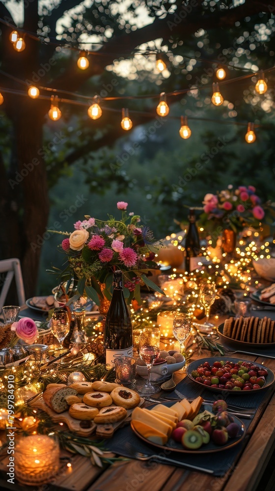 An exquisite Thanksgiving feast awaits, showcasing a beautifully adorned table bathed in sparkling lights.