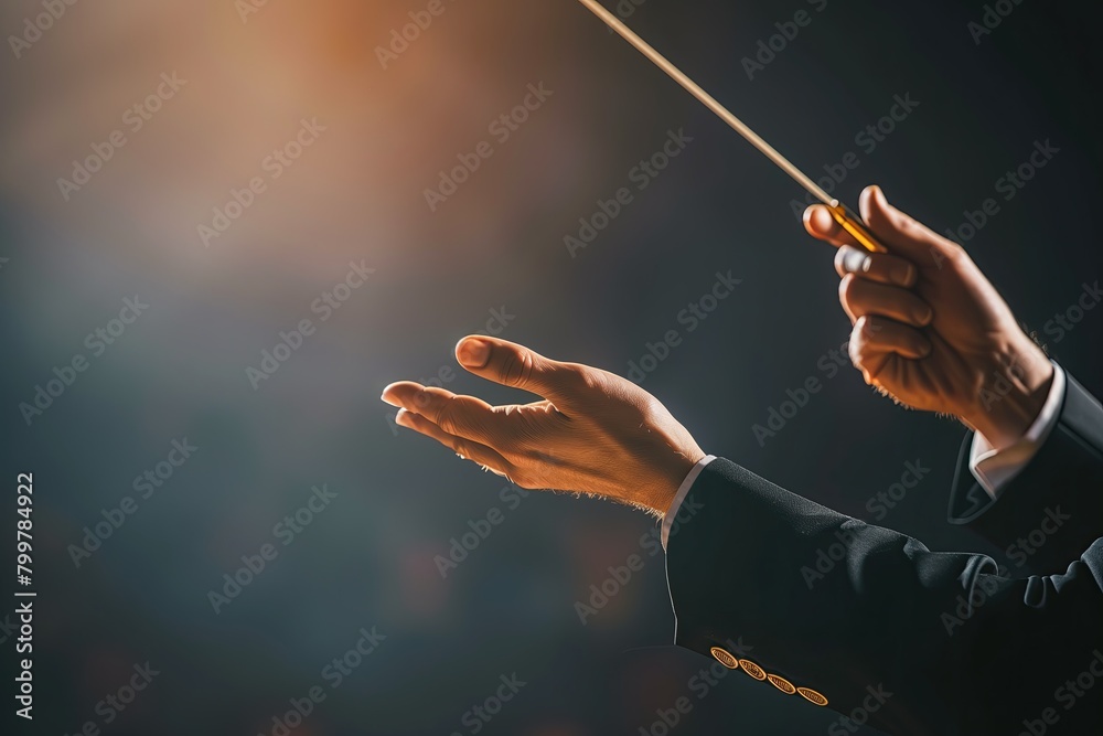 Obraz premium Gesture. Bandmaster. Orchestra conductor's hands holding the baton. Musical performance at concert hall, blurred background. Copy space. Theater. Maestro. Director. Leader. Wand. Choir conductor