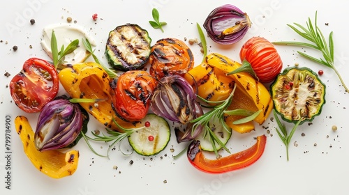 Luxurious top view of mixed grilled vegetables, each piece perfectly charred, served with a rich aioli on a pure white background, emphasizing the freshness and colors, studio lighting photo