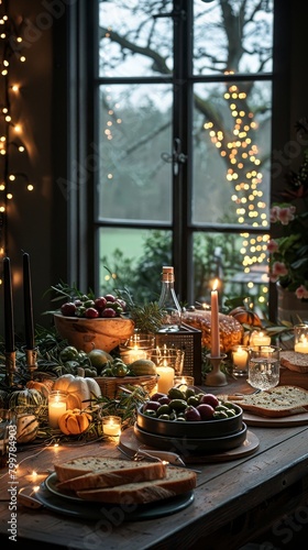 A festive dinner table for Thanksgiving featuring an overhead shot of a beautifully decorated table with sparkling lights.