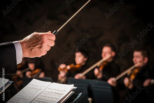 Sound. Maestro di cappella. Gesture. Orchestra conductor's hand pointing out the next note on their baton to players in tuxedos against a backdrop of musicians playing string instruments and symphony photo