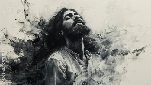 Monochromatic artwork featuring Jesus Christ in worship, with a grayscale watercolor background. The subdued colors evoke a sense of reverence and solemnity.  photo