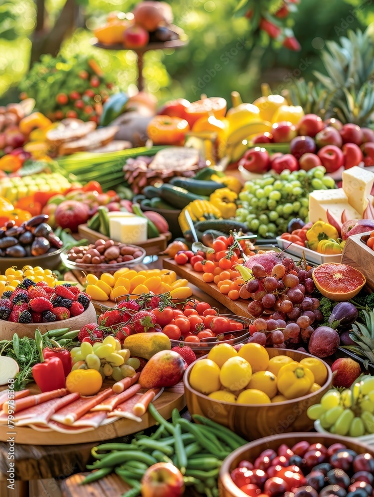 The Thanksgiving bounty on the harvest table shines with organic vegetables, fruits, and natural light.
