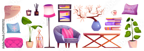 Living room interior furniture and decorative elements - pink ottoman and pillows, armchair and plants in flowerpot, table and lamp, aroma candles and wall pictures. Cartoon vector illustration set. © klyaksun