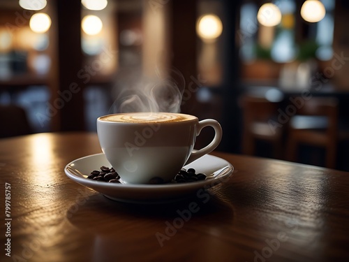 A steaming cup of coffee rests on a rustic wooden table