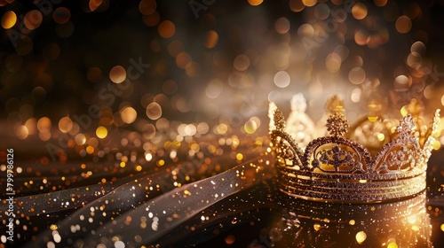  A regal golden crown adorned with intricate details gleams under the glow of ethereal white bokeh lights, casting a captivating aura. 