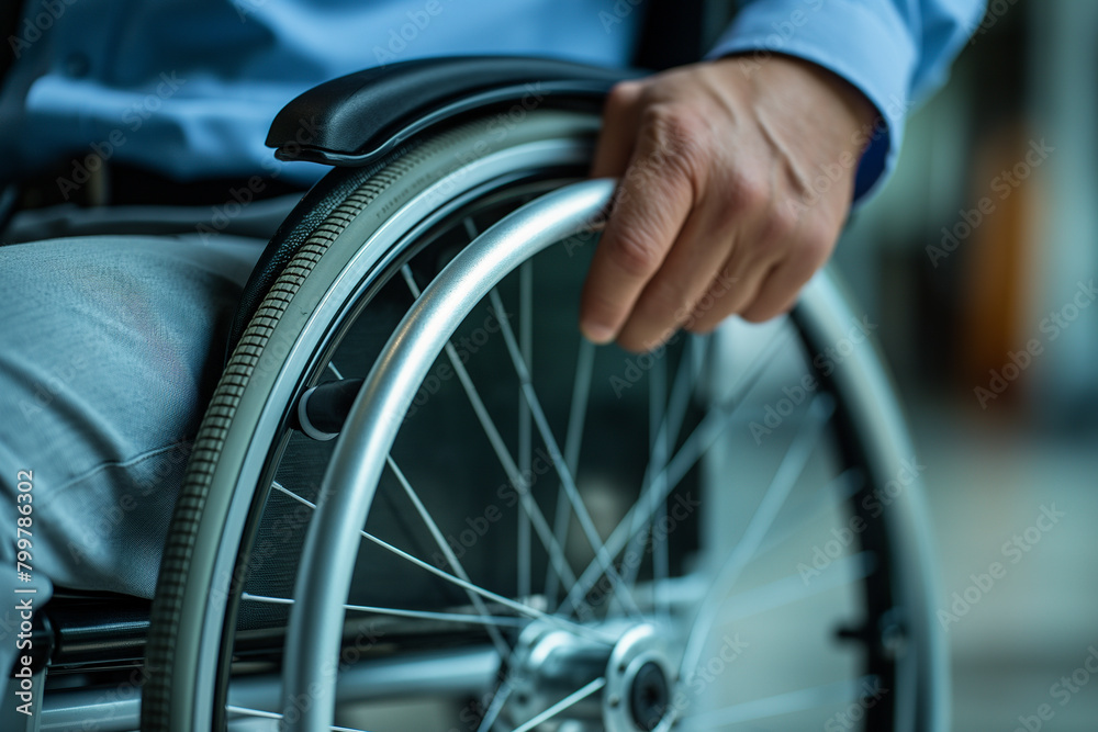 Fototapeta premium Close-up of hand on wheelchair wheel. shot of a person's hand navigating a wheelchair, highlighting accessibility and mobility in a subtle, dignified manner
