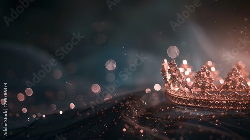  The luxurious elegance of a golden crown is accentuated by the gentle illumination of white bokeh lights, creating an enchanting scene of royalty and splendor.  photo
