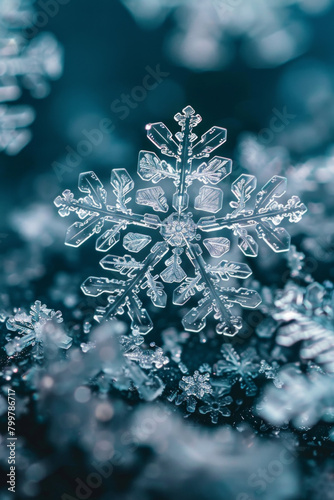 A closeup view of  an unique crystalline structures of individual snowflakes, with their symmetrical patterns and intricate details creating a mesmerizing minimalist composition © grey