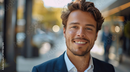 Young businessman smiling at camera. Generative AI. photo