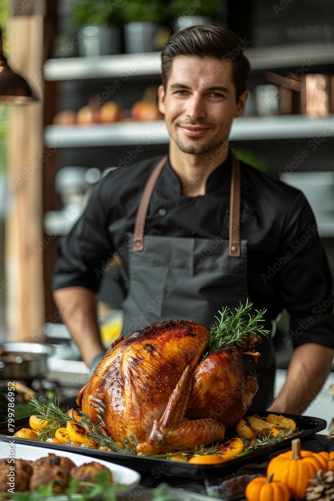 Fototapeta premium Thanksgiving cook in a festive mood presents a freshly roasted turkey against a kitchen backdrop.
