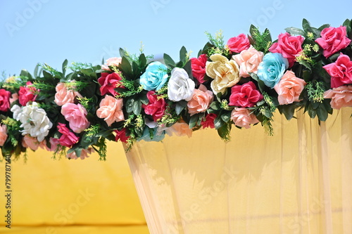 romantic floral wedding stage bouquet of flowers stage decoration. wedding floral stage design. indian asian wedding. elegant wedding design