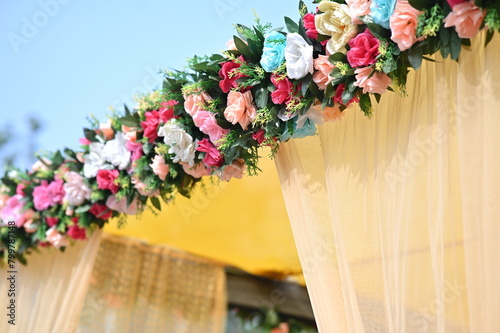 elegant wedding stage decorations of bouquet of flowers. romantic floral stage. 