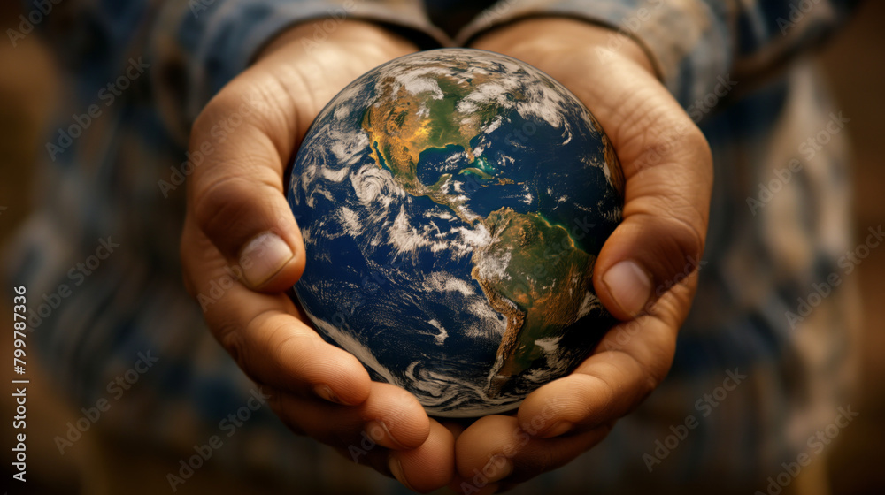 Fototapeta premium In a close-up, a pair of hands offers a detailed miniature Earth, suggesting themes of offering and responsibility