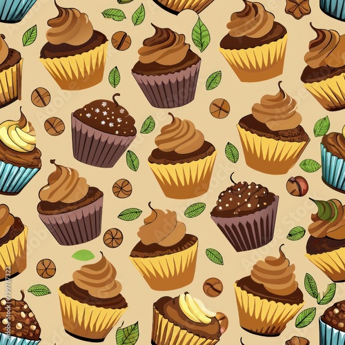 Seamless pattern of coffee cupcakes infused with aromatic espresso, Generative AI