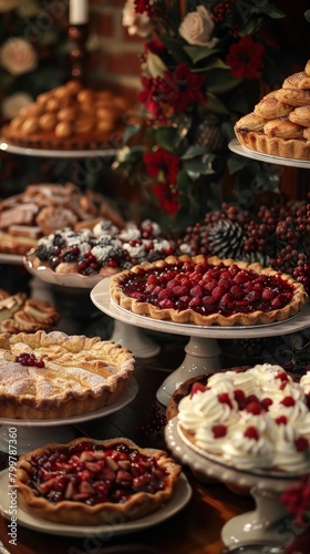 Thanksgiving dessert spread features a variety of pies, cakes, warmly lit, with close-up details.