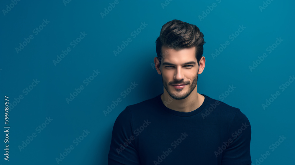 Portrait Handsome Man with a beard and a smile is standing in front of a blue wall