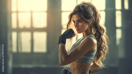 Woman in gray sportswear and a boxing glove, Boxing practice photo