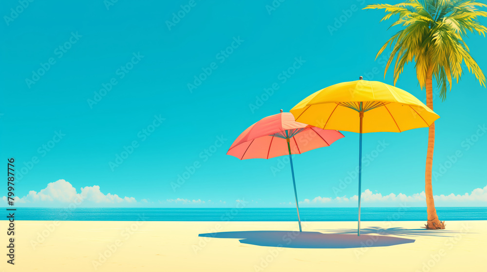 Two umbrellas on beach, sky is blue and the ocean is calm