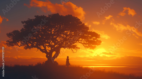 Woman is standing in front of a tree in a field