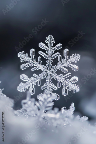 A closeup view of an unique crystalline structures of individual snowflakes, with their symmetrical patterns and intricate details creating a mesmerizing minimalist composition