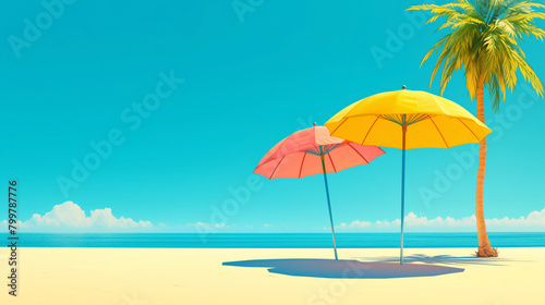 Two umbrellas on beach, sky is blue and the ocean is calm