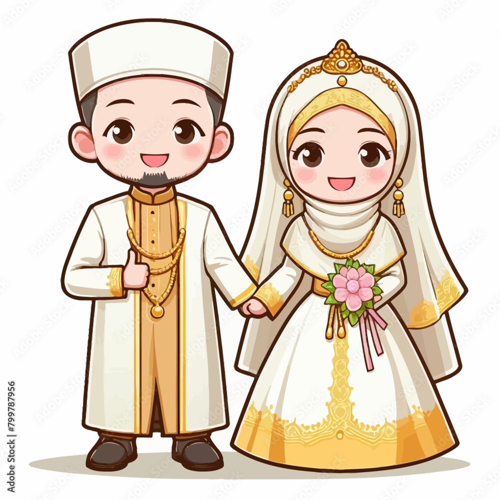 cute wedding couple bride and groom isolated on white background, vector cartoon illustration