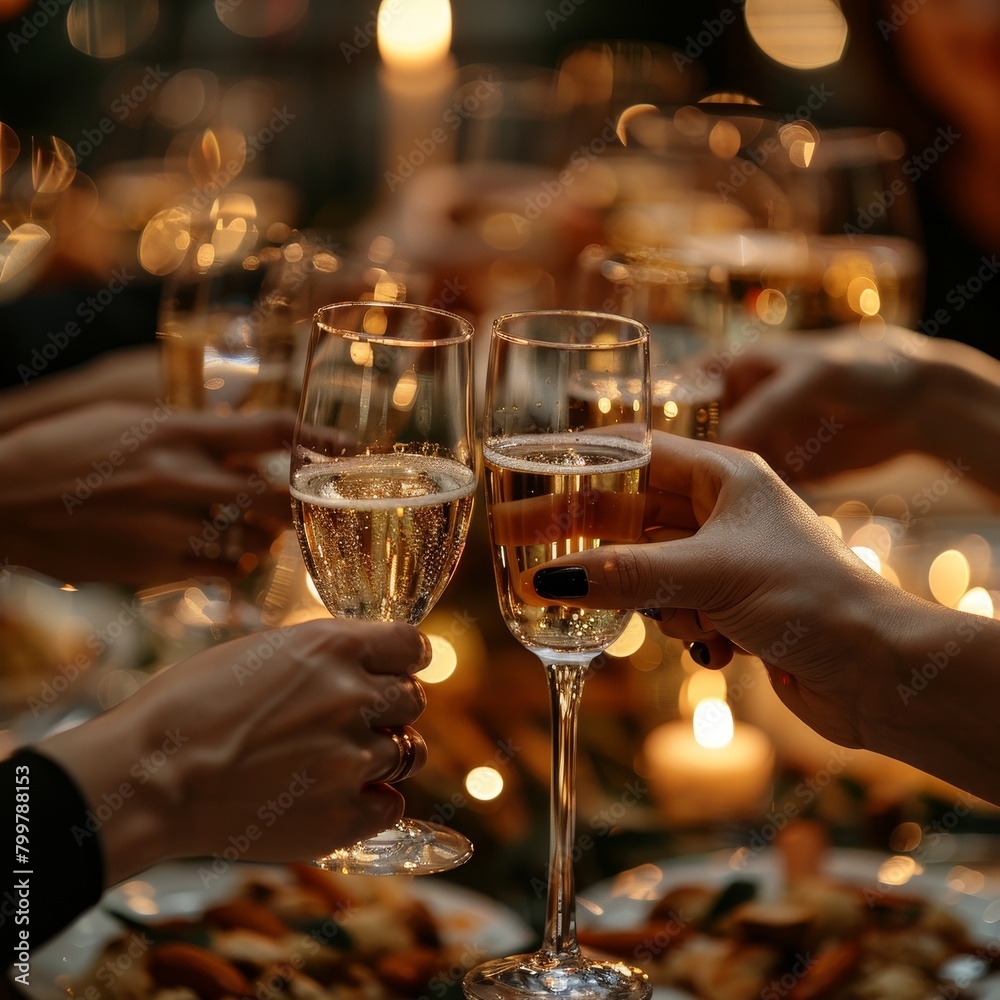 At Thanksgiving dinner, hands clink glasses in a warm, festive atmosphere, toasting joyfully.