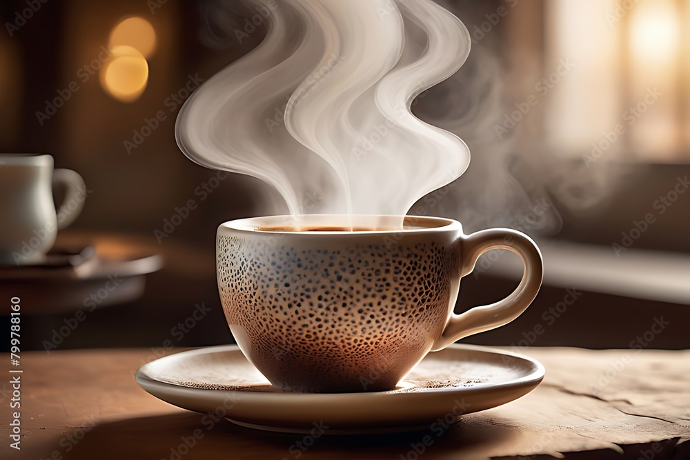 A steaming cup of coffee rests on a rustic wooden table A steaming cup of coffee rests on a rustic wooden table