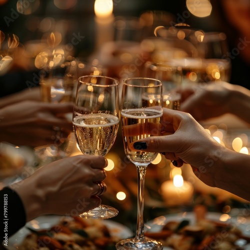At Thanksgiving dinner, hands clink glasses in a warm, festive atmosphere, toasting joyfully.