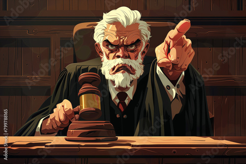 Vector Illustration: Angry Judge Pounding Gavel, Pointing Sternly - Legal Poster