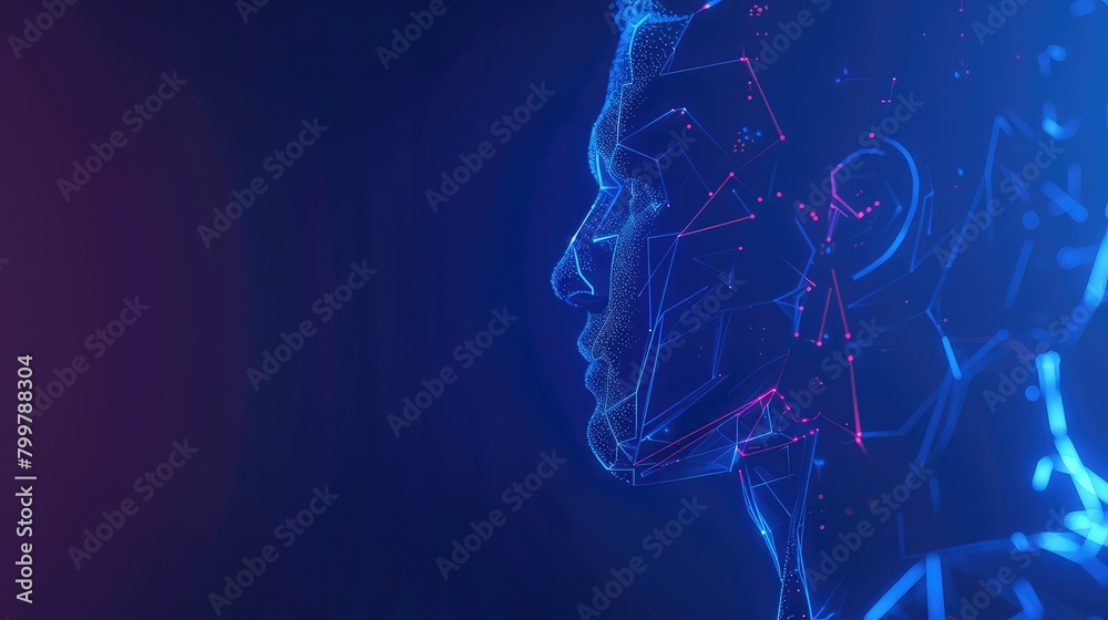A futuristic illustration of a cyborg man with AI capabilities, showcasing biometric scanning technology and 3D scanning capabilities in a polygon vector wireframe concept. A futuristic illustration of a cyborg man with AI capabilities, showcasing biometric scanning technology and 3D scanning capabilities in a polygon vector wireframe concept.