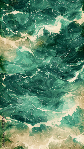 Emerald Green Watercolor Texture, Oceanic Geometric Pattern