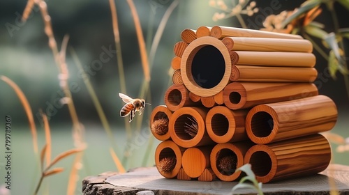 A bee flies towards to small eco-friendly house for bees, made of bamboo tubes in forest. Beekeeping, honey production, bee products	
