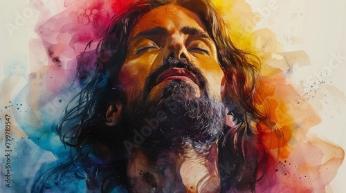 Depiction of Jesus Christ in worship, against a vibrant watercolor background. The background features various hues, providing flexibility for customization. photo