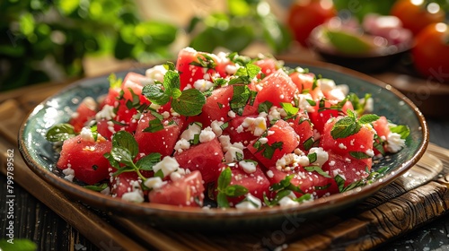 A bowl of watermelon salad with feta cheese and mint.