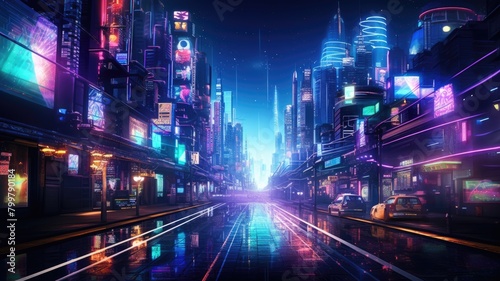 The picture of the neon night time futuristic cyberpunk scifi metropolis yet bright with neon light that fill everywhere of metropolis and fill with tall building and long roadway at night. AIGX01.