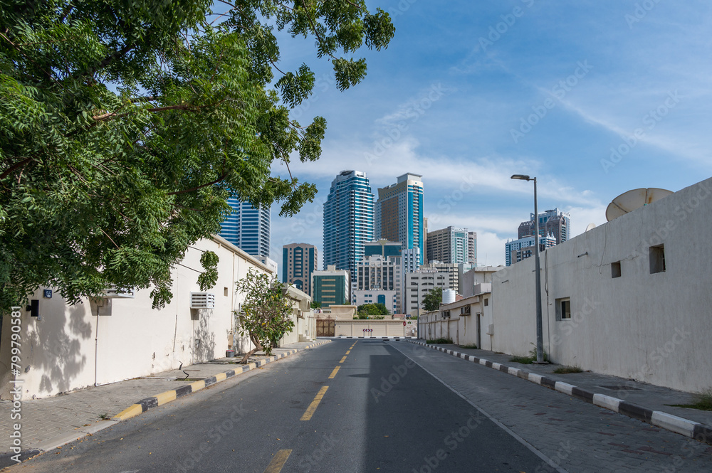 Modern skyscrapers in Sharjah, business and finance. November 2023