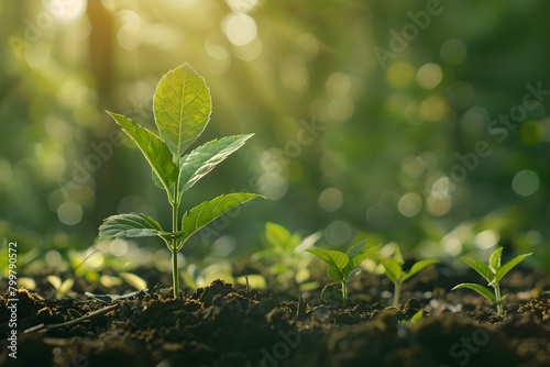 Young green saplings bathed in sunlight: A symbol of environmental care. Concept Planting Trees, Environmental Awareness, Green Living, Nature Conservation, Sustainable Practices