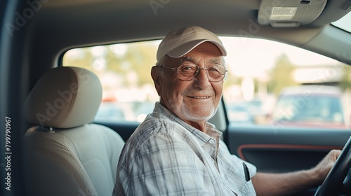 Life in full swing, smiling Caucasian pensioner 70 years old driving his car photo
