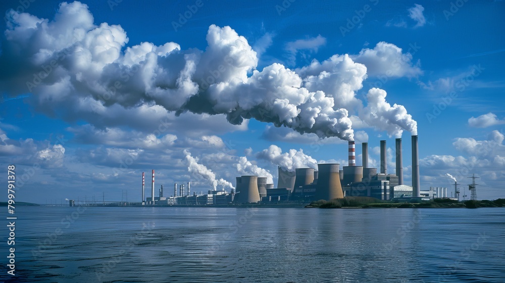 Environmental impact of nuclear power plant. smokestacks and gas pipelines contributing to pollution