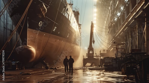 An atmospheric image of workers conducting a final inspection of a newly constructed ship in the shipyard, ensuring quality and readiness for sea trials and delivery.