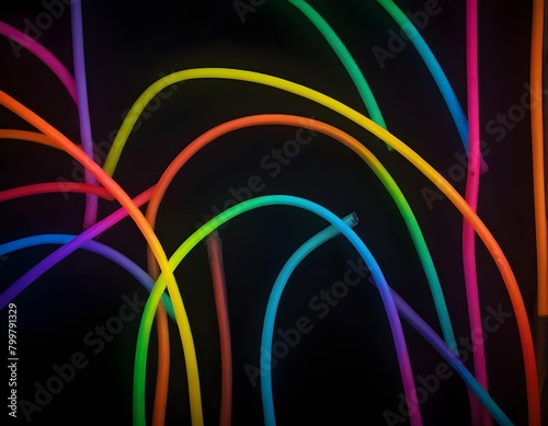 Image of vibrant neon glow sticks forming rainbow over black background with copy space.