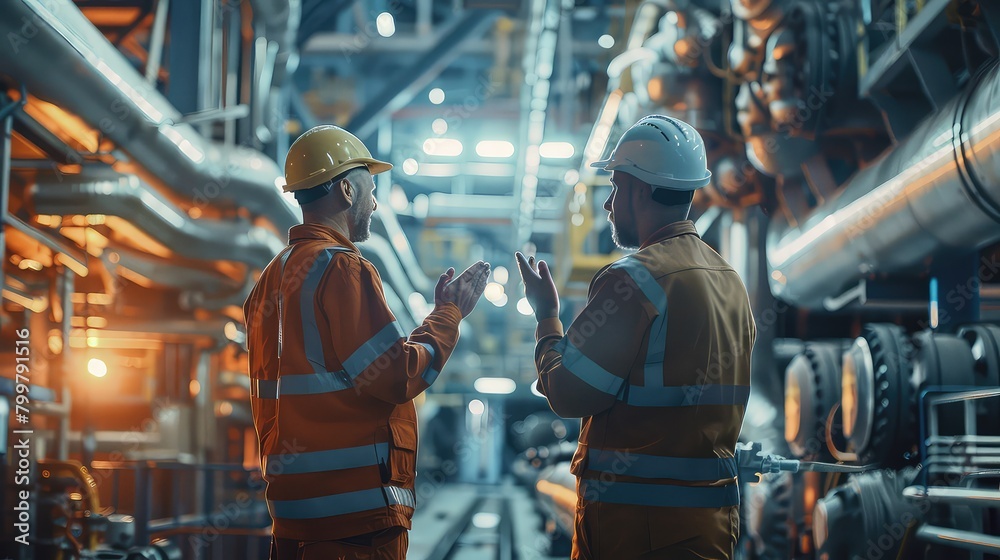 An atmospheric photo capturing the camaraderie and sense of accomplishment among a team of mechanical engineers at a heavy industrial facility. An atmospheric photo capturing the camaraderie and sense of accomplishment among a team of mechanical engineers at a heavy industrial facility.