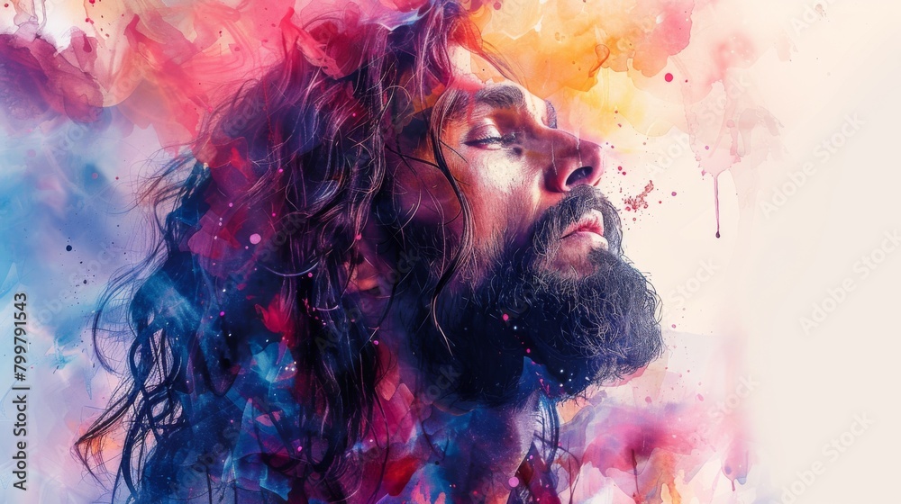 Vibrant vector artwork featuring Jesus Christ in worship, with a dynamic watercolor background. The background offers a mix of colors, offering versatility for design purposes.