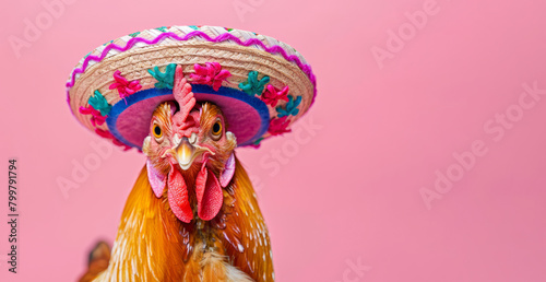 a cute chicken cockrel dressed in mexican sombrero hat and clothing studio shot